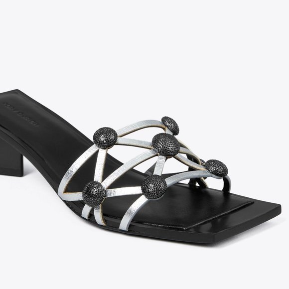 Tory Burch $670 CRYSTAL BOBBLE HEELED MULE SANDAL Silver Perfect Black 10 - Picture 5 of 6